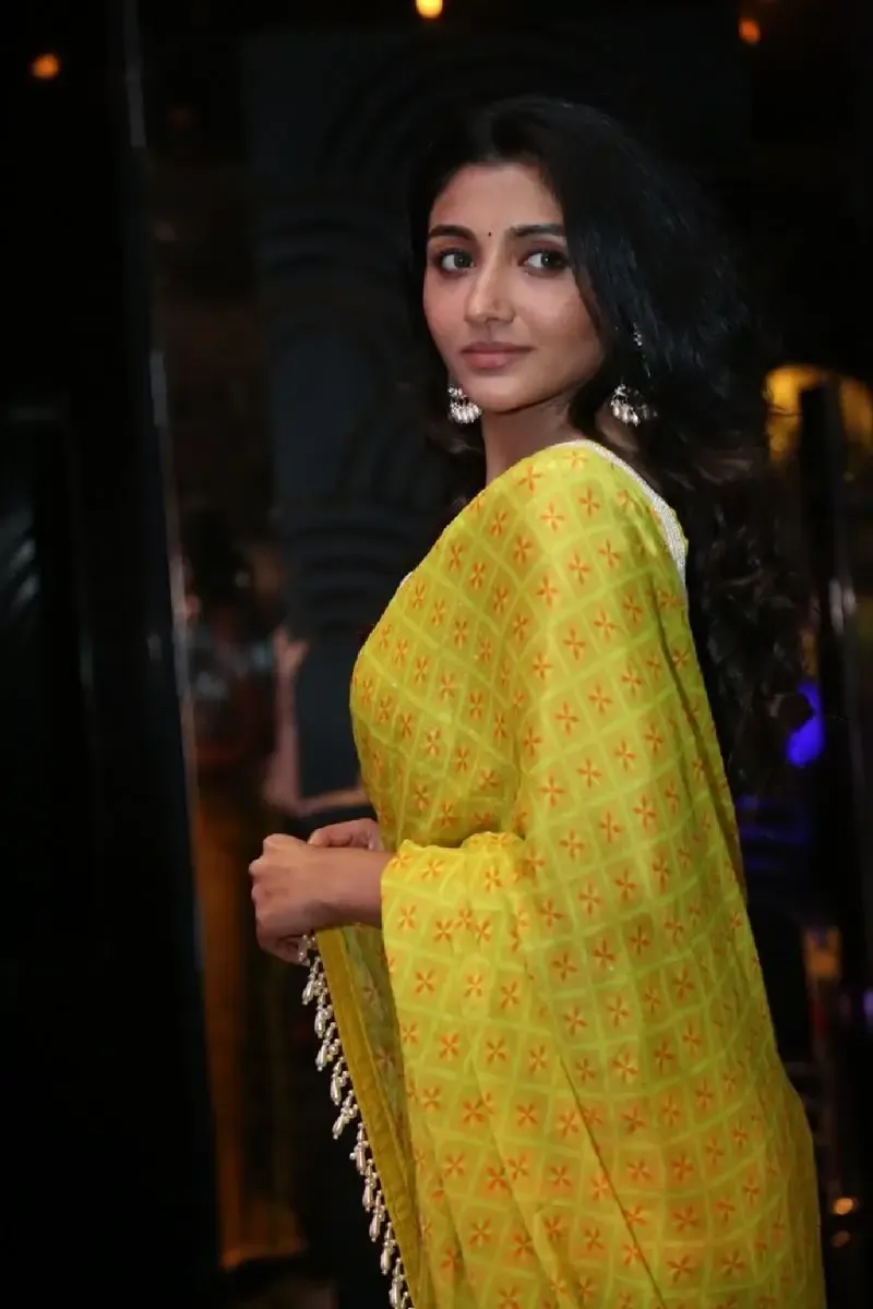 Indian Actress Mirnaa Menon in Yellow Saree at Ugram Movie Teaser Launch